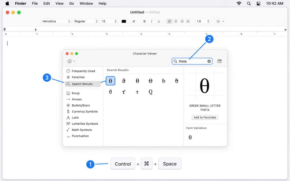 macOS Character Viewer with numbered markers for the keyboard shortcut, search field, and Theta result