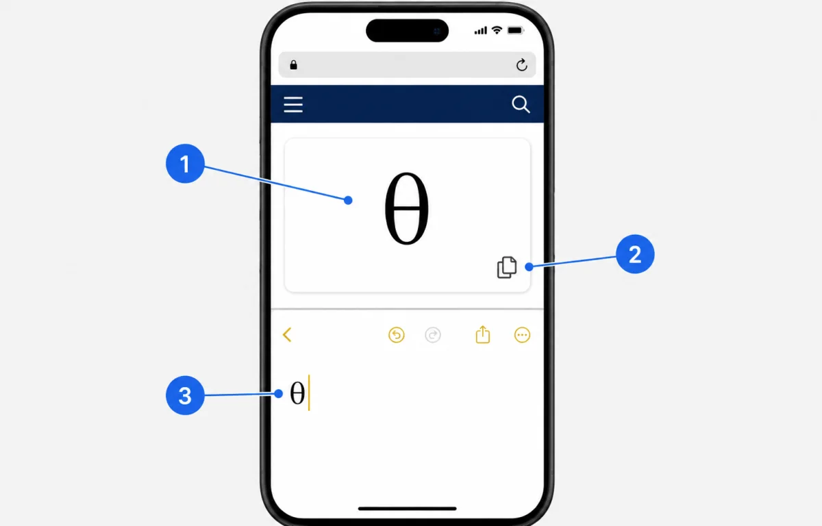 Mobile Greek character card with numbered markers for the character, copy icon, and pasted Theta result