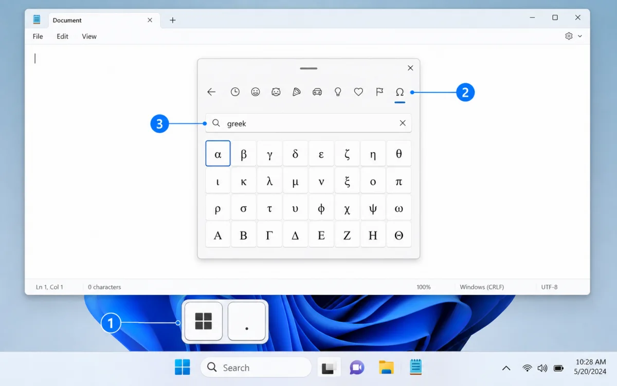 Windows 11 Emoji and Symbols picker with numbered markers for the shortcut, Symbols category, and Greek search field