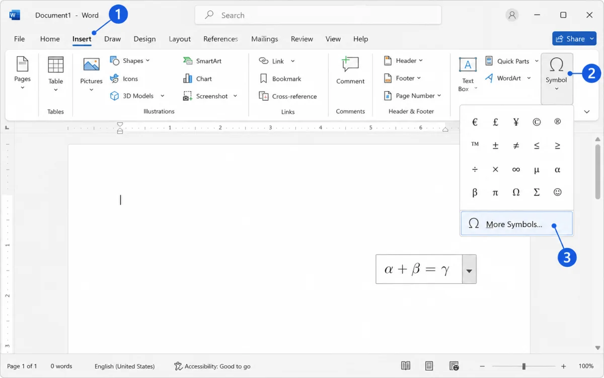 Microsoft Word Insert ribbon and Symbol menu with numbered markers for Insert, Symbol, and More Symbols